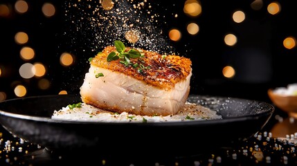 Crispy pork belly with Thai basil, sizzling hot on a cast iron skillet, street market with glowing lanterns