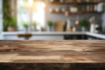 Wooden tabletop with free space for product display against white kitchen with cutting board and plant in scandinavian style in morning light