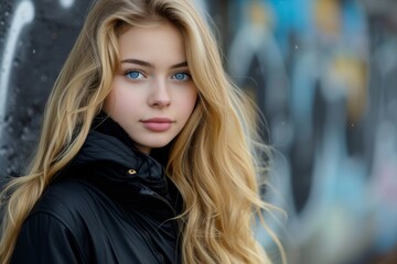 Obraz premium Young blonde girl with blue eyes black jacket long wavy hair and urban background