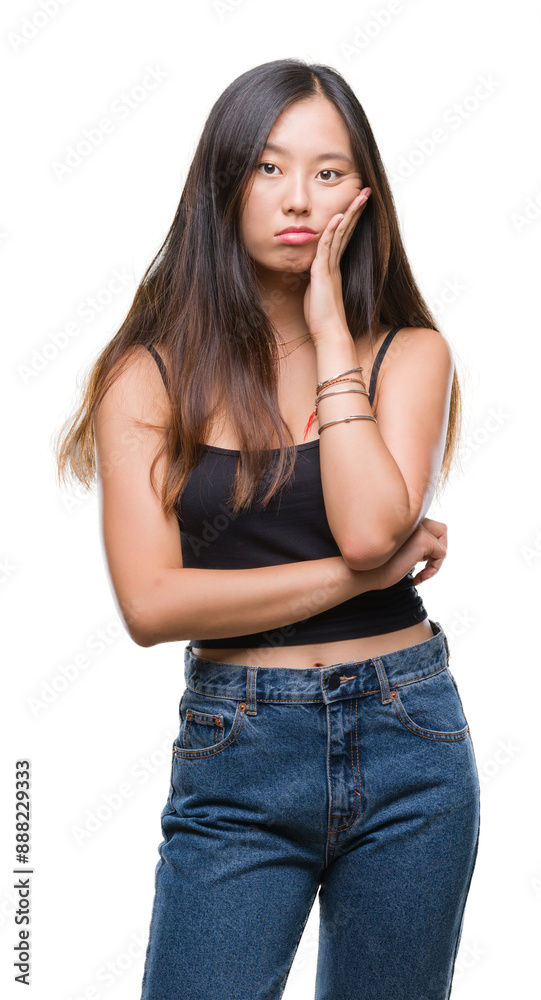 Poster young asian woman over isolated background thinking looking tired and bored with depression problems