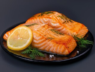 Norwegian salmon fillet, grilled to perfection, served with dill and lemon, view of a fjord from a cozy seaside restaurant