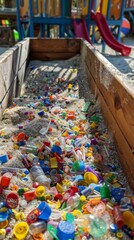 Fototapeta premium Environmental Concerns Highlighted: A Child's Sandbox Filled with Colorful Microplastics, Underscoring the Impact of Waste on Play Areas