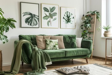Adorns white wall above green settee in spacious living room with plants posters pillows and blanket