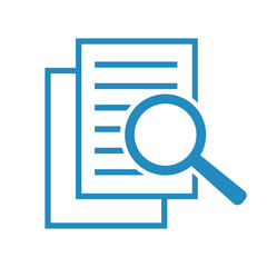 Dokument z lupą. Ikona kontroli i wyszukiwania dokumentów.