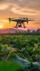 Precision Agriculture Drone Flying Over Cucumber Field at Sunset for Farming Efficiency