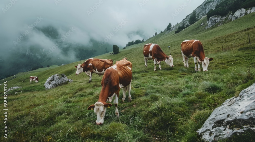 Poster a herd of cows grazing in a grassy field