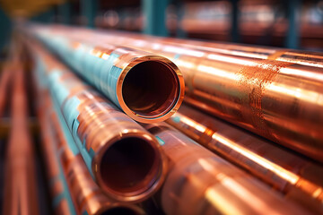 Naklejka premium Close up of copper pipes in warehouse.