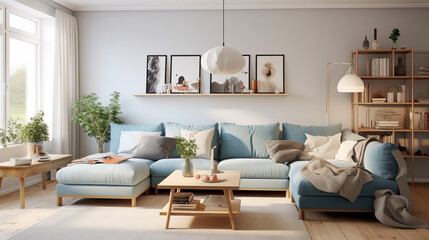 Mockup produkt - obraz na ścianie w salonie. Wizualizacja jasnego wnętrza. Biel i błękit. Render 3d