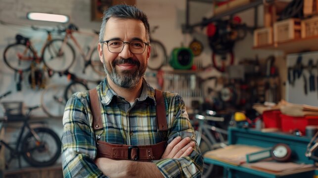 Happy, portrait and repair man in bicycle shop with arms crossed in small business workshop isolated on white background. Generative AI.
