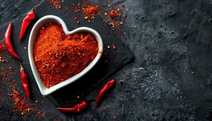 Chili powder in heart shaped bowl love concept top view flat lay on black stone table