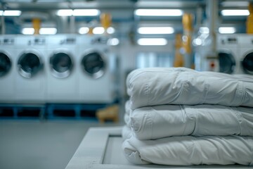 Fototapeta premium Clean bed sheets stacked in front of industrial washer in factory Focus on washers