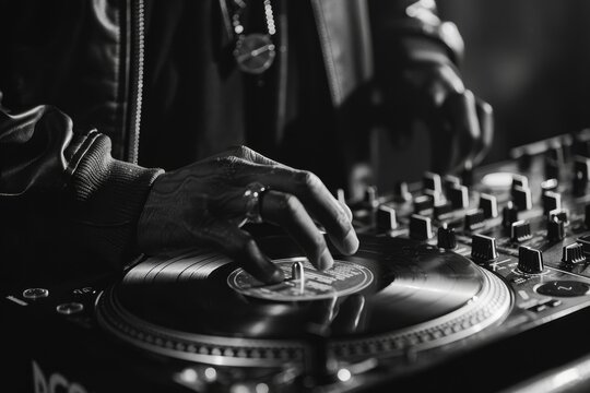 Close up black and white photo of DJ on turntable in disco