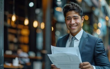 Fototapeta premium A man in a suit smiles while holding papers outside of a city restaurant