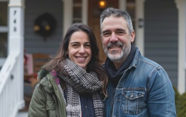 A man and woman stand in front of their home, smiling and looking at the camera. They are both wearing winter clothing