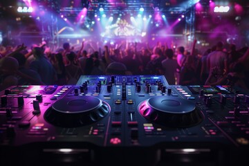 DJ mixer in booth with dancing crowd on dance floor