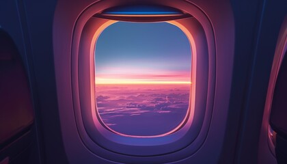 Dreamy atmosphere concept with pastel sunset and dark background seen through airplane window