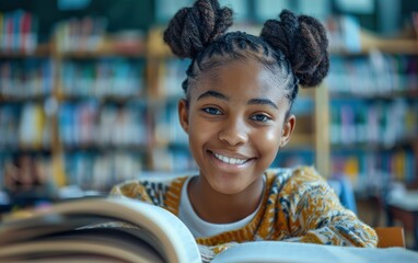 A young girl with braided hair smiles as she sits at a table in a library, reading a book