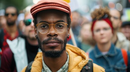 A focused man in a crowd, wearing glasses and a cap, with a serious expression on his face, possibly participating in a public demonstration or gathering.