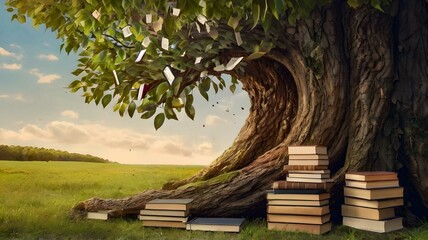 A tree with books for leaves, its branches covered in both open and closed books, crafting a whimsical and enchanting scene that beautifully merges nature and literature in a magical manner
