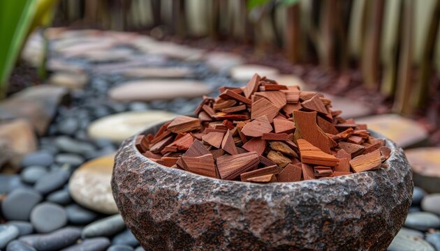 Gabun s red sandalwood incense chips arranged on a stone bowl with a natural pathway backdrop