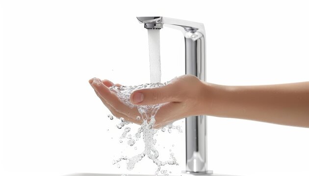 Hands being washed under flowing tap water on white background