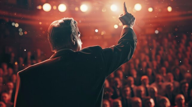 Political or religious leader giving a public speech with his hand in the air and fingers pointing to the sky, aggression, attitude, low angle rear view, audience in the background, 80s era.