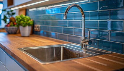 Modern kitchen with stainless steel sink wooden top blue tiles and white wall