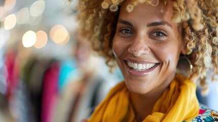 A woman with curly hair and hoop earrings, smiling brightly while wearing a yellow scarf. The vibrant background emphasizes her joyful and cheerful expression.