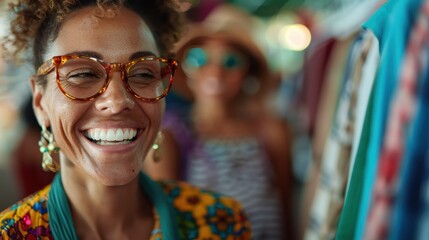 Obraz premium A woman with curly hair wearing glasses and colorful attire, smiling brightly. The image captures her joy and the lively, cheerful atmosphere around her.