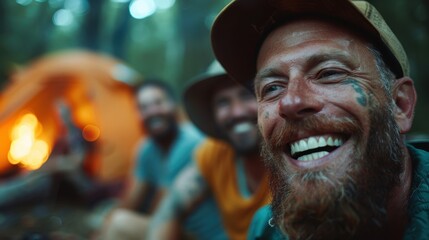 Fototapeta premium A group of friends are camping in the woods, laughing joyfully with a tent and campfire in the background, enjoying their time in nature together.
