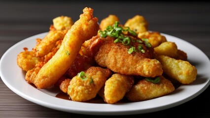 Fototapeta premium Deliciously crispy chicken bites and fries ready to be savored