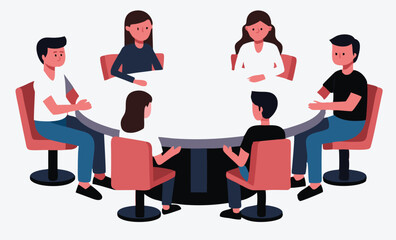 In the Middle of the Round Table: Two Boys and Two Girls Isometric Illustrations