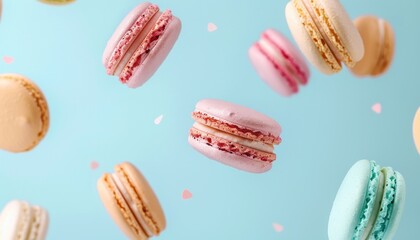 Motion of vintage pastel French macaroons falling on light blue background Food banner featuring macaron sweets