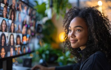 A young woman with curly hair is sitting in front of a computer screen with a video conference call in progress. She is smiling and looking away from the screen