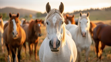 Obraz premium A beautifully captured scene featuring a herd of horses standing closely together in a serene field, bathed in the warm golden glow of the sunset with distant hills visible.