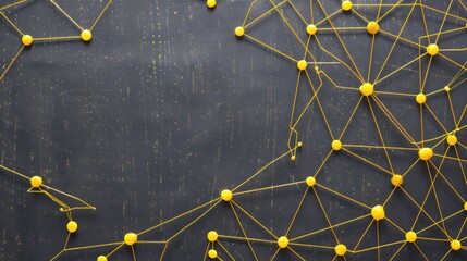 Lemon yellow dots connected by golden threads on a charcoal grey canvas, text space in the upper right