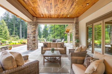 New house with covered outdoor patio and seating for guests