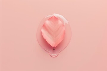 Minimalistic image of a single pink leaf with water droplets, set against a matching pastel pink background.
