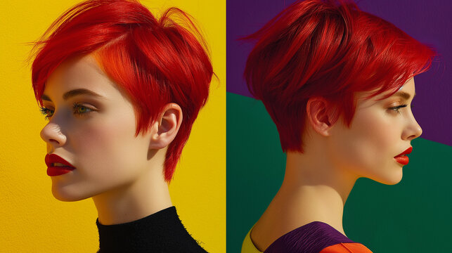 Fiery Pixie Cut: A bold, fiery red pixie cut with edgy, choppy layers, perfect for an avant-garde art exhibition or a trendy downtown cafe, making a daring and stylish statement