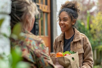 Young African American Woman Bringing Nourishing Meal to Senior Citizen's Door as a Kind Volunteer