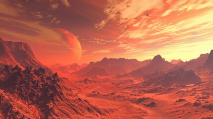 red landscape of mountains on the planet Mars