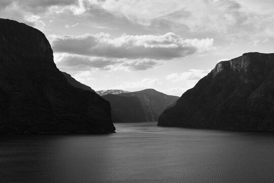 Naeroeyfjorden Fjord from the Norwegian Scenic Route of the Aurlandsfjellet Mountains in June.