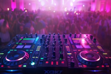 Night club with dancing people and DJ mixer on table