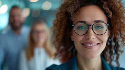 Portrait of a smiling woman with curly hair and glasses, showcasing confidence and warmth, standing in a modern office environment with team members behind her.