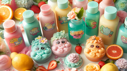 Obraz premium A variety of beauty products, including body washes and serums, arranged on the white background. The items include bottles with colorful labels and jars with decorative artwork