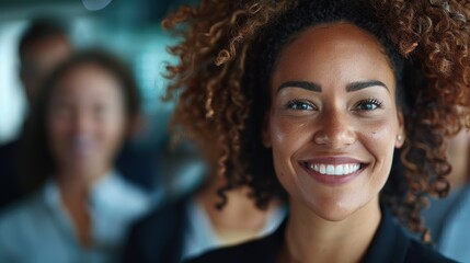 Obraz premium A cheerful woman with curly hair gives a warm smile in a professional setting, demonstrating her approachable and friendly manner while surrounded by colleagues.