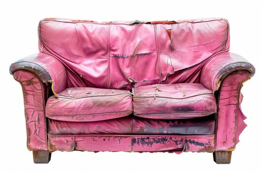 Old pink leather sofa with broken cushion and defects isolated on white background for interior design