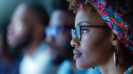 An animated group of adults deeply immersed in watching something engaging, each showing a mix of emotions and interest, signifying a shared learning experience.