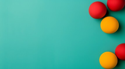 Red and yellow balls on teal background, copy space