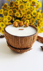 gift concept. original candle in coconut natural soy wax